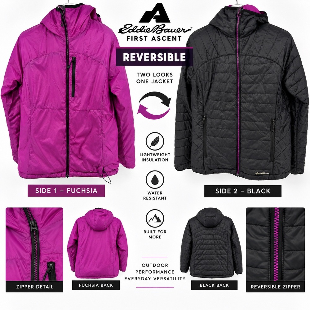 Eddie Bauer First Ascent Reversible Jacket Womens L Fuchsia Black Puffer